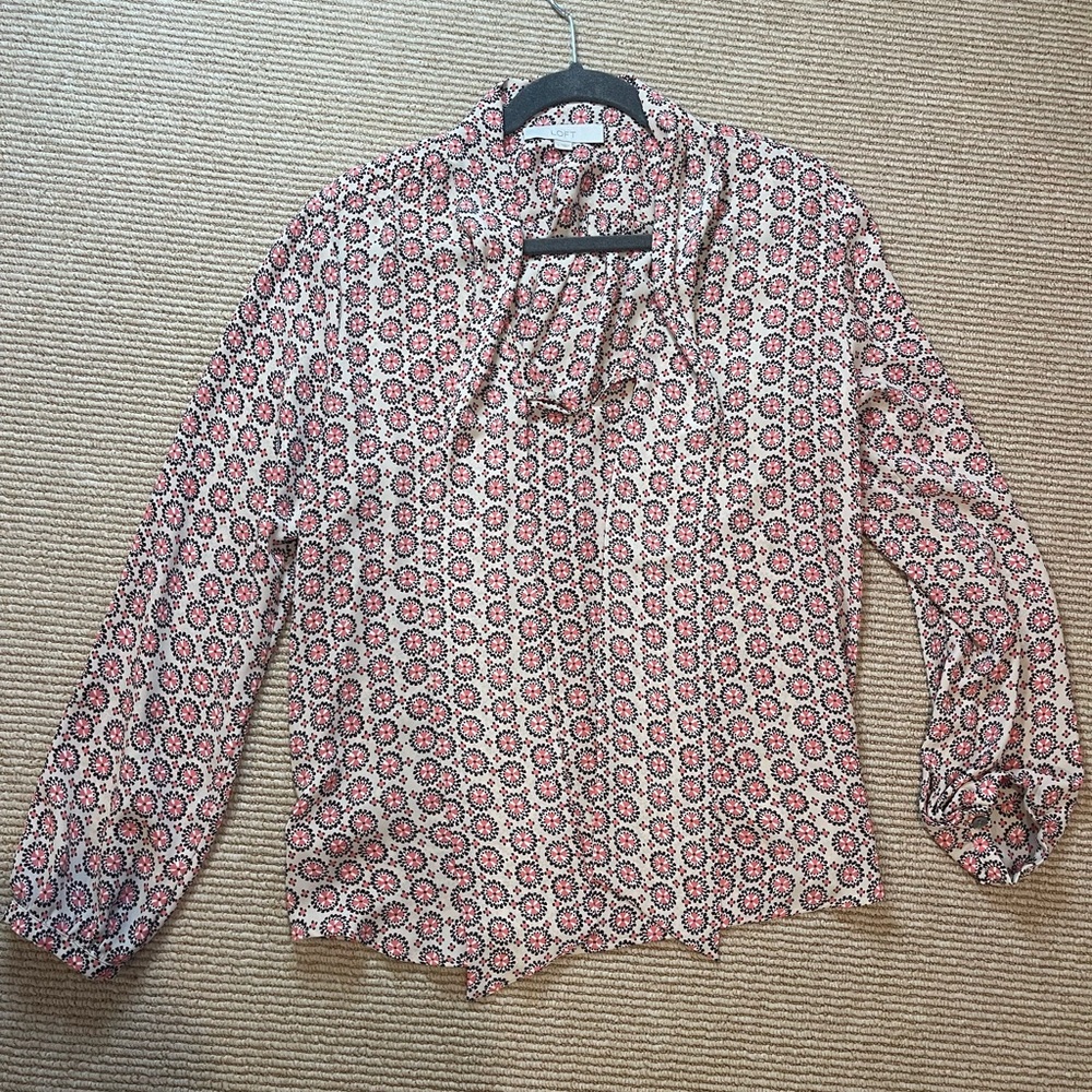 LOFT Red and White Geometric Blouse